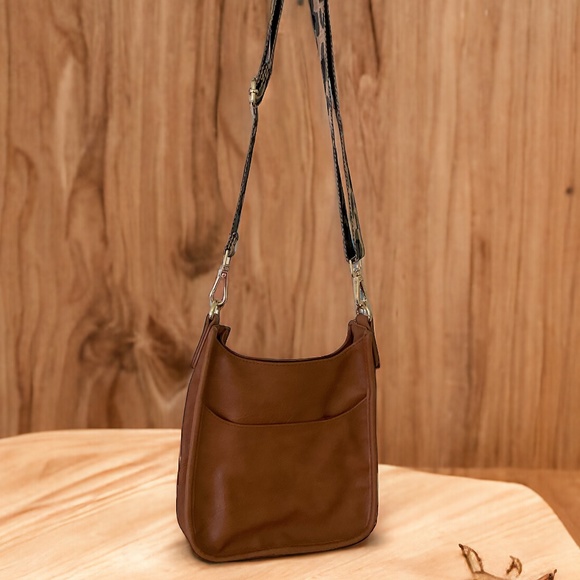 ADORNED LEATHER MESSENGER CROSSBODY with Cheetah Removable Guitar Strap in Tan - Picture 2 of 5